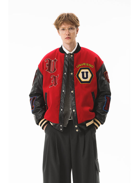 Wool Fabric and Black Leather Harry Baseball Cotton Jacket