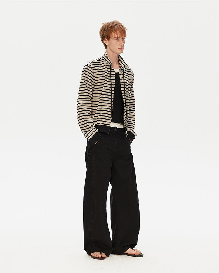 Striped Stand Collar Zipper Cardigan