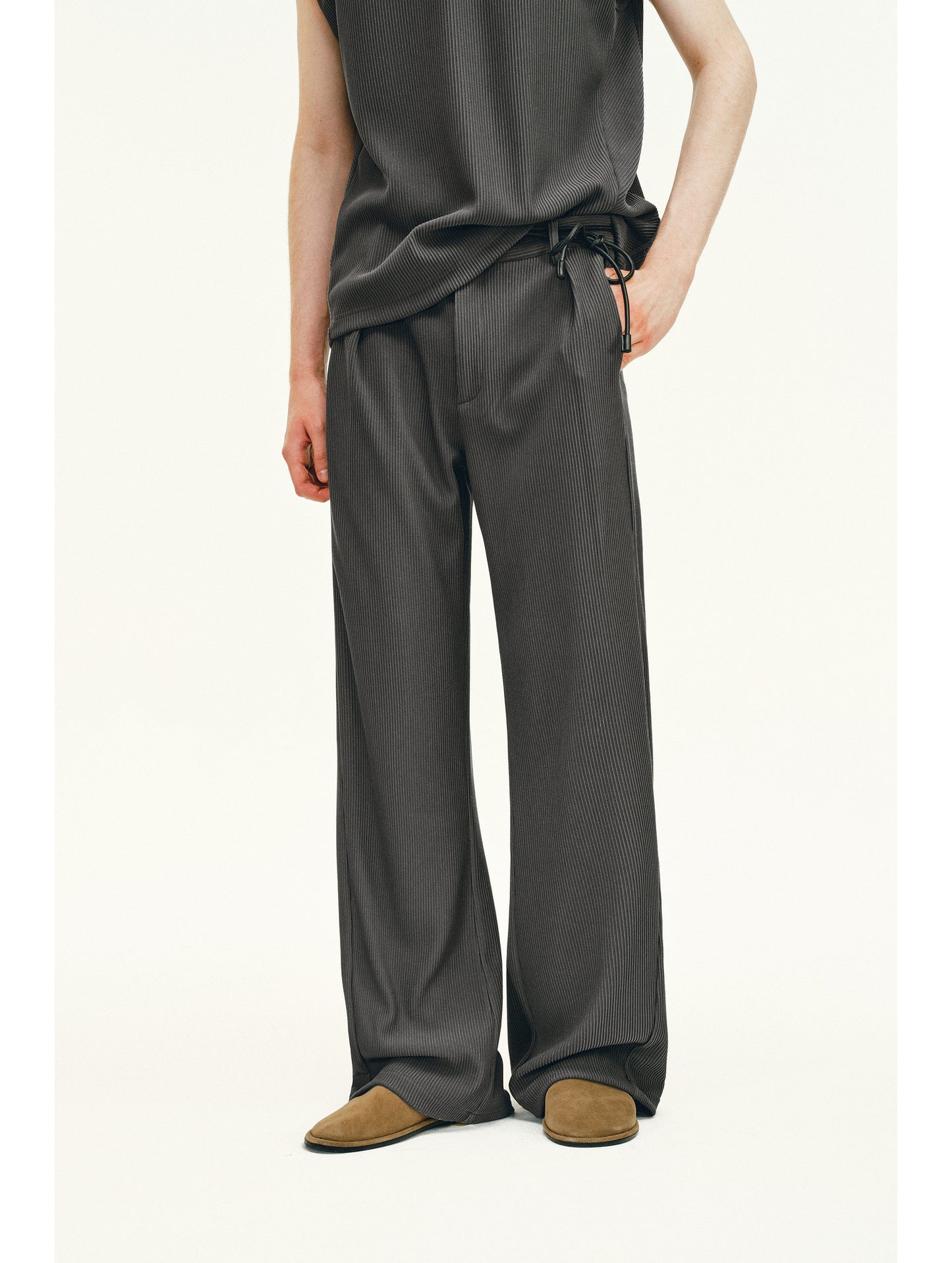 Vertical Stripe Textured Casual Pants Set