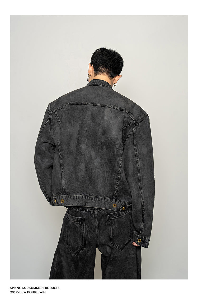 Mud-dyed distressed denim jacket set