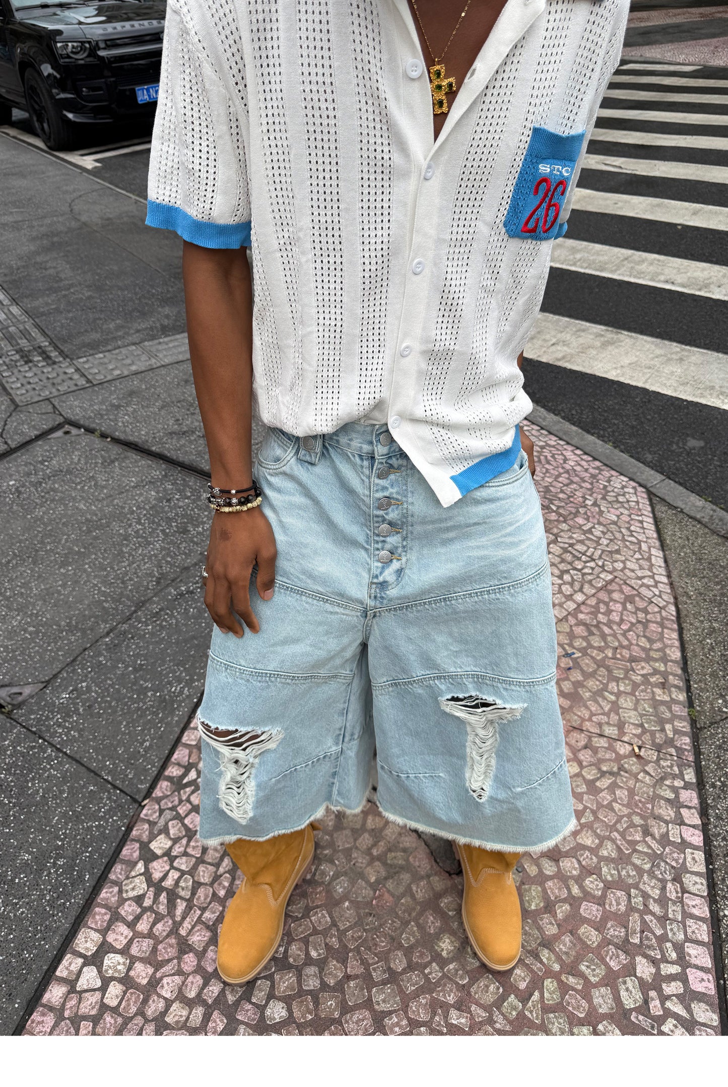 Vintage Whisker-Washed Loose-Fit Denim Shorts