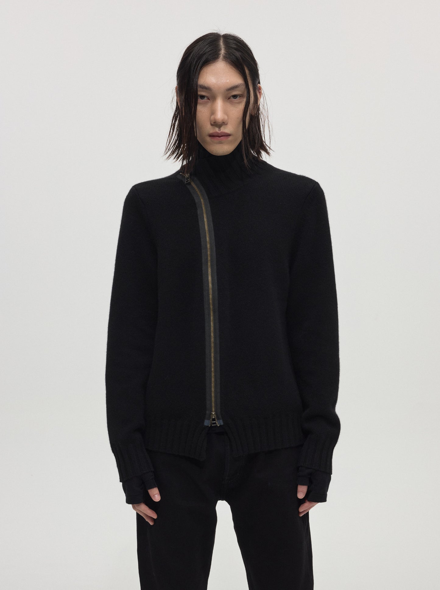 Diagonal-zip Wool Knit Cardigan