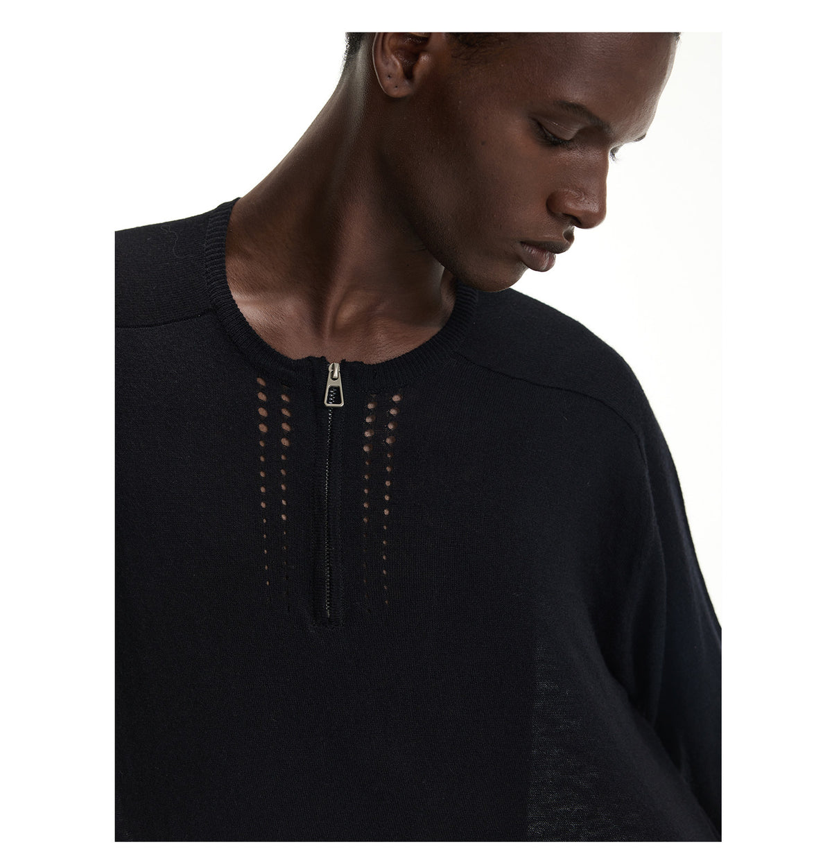 Lightweight Knit Sweater with Half-Zip and Openwork Design