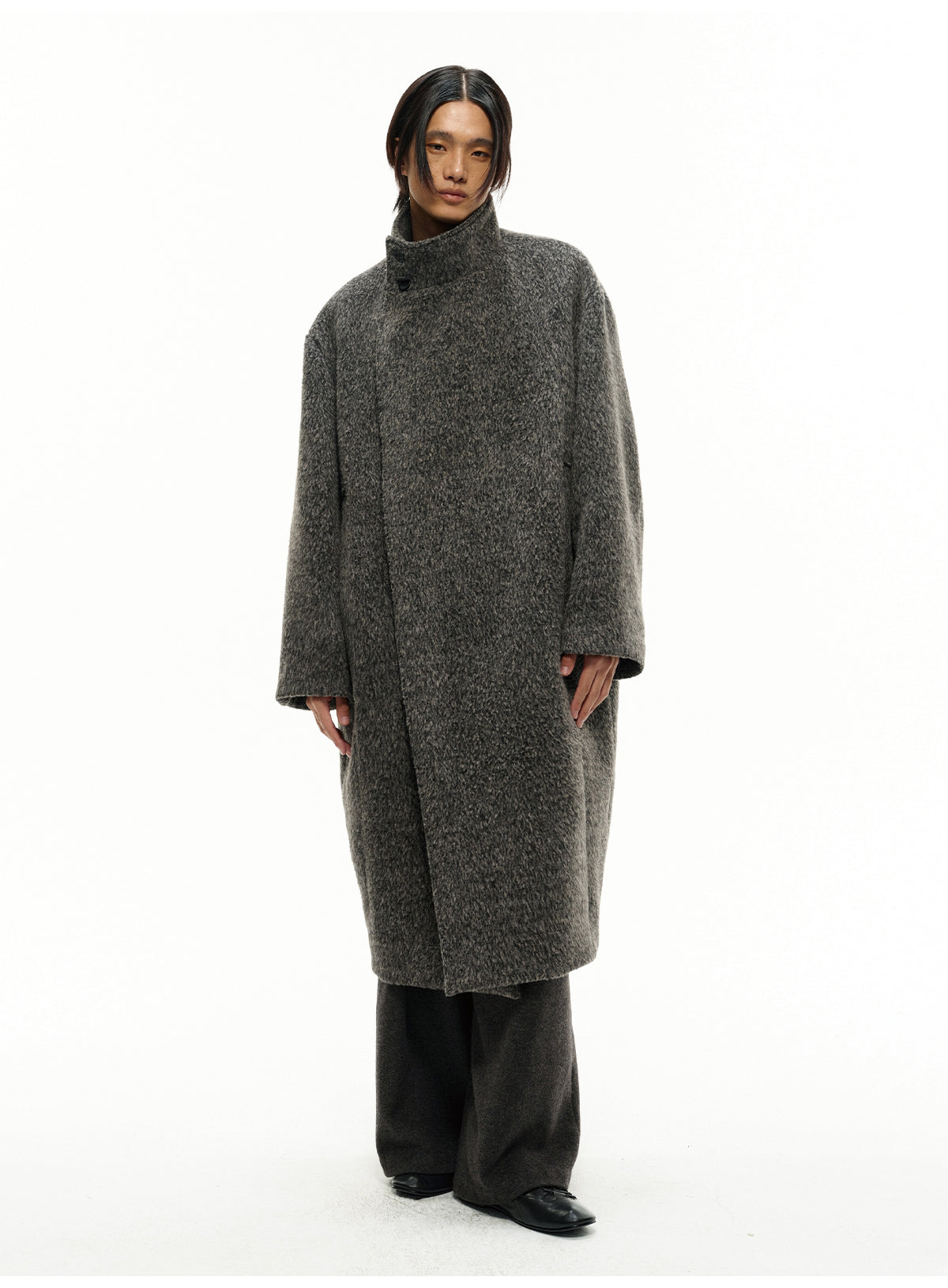 Long coat with a diagonal front panel
