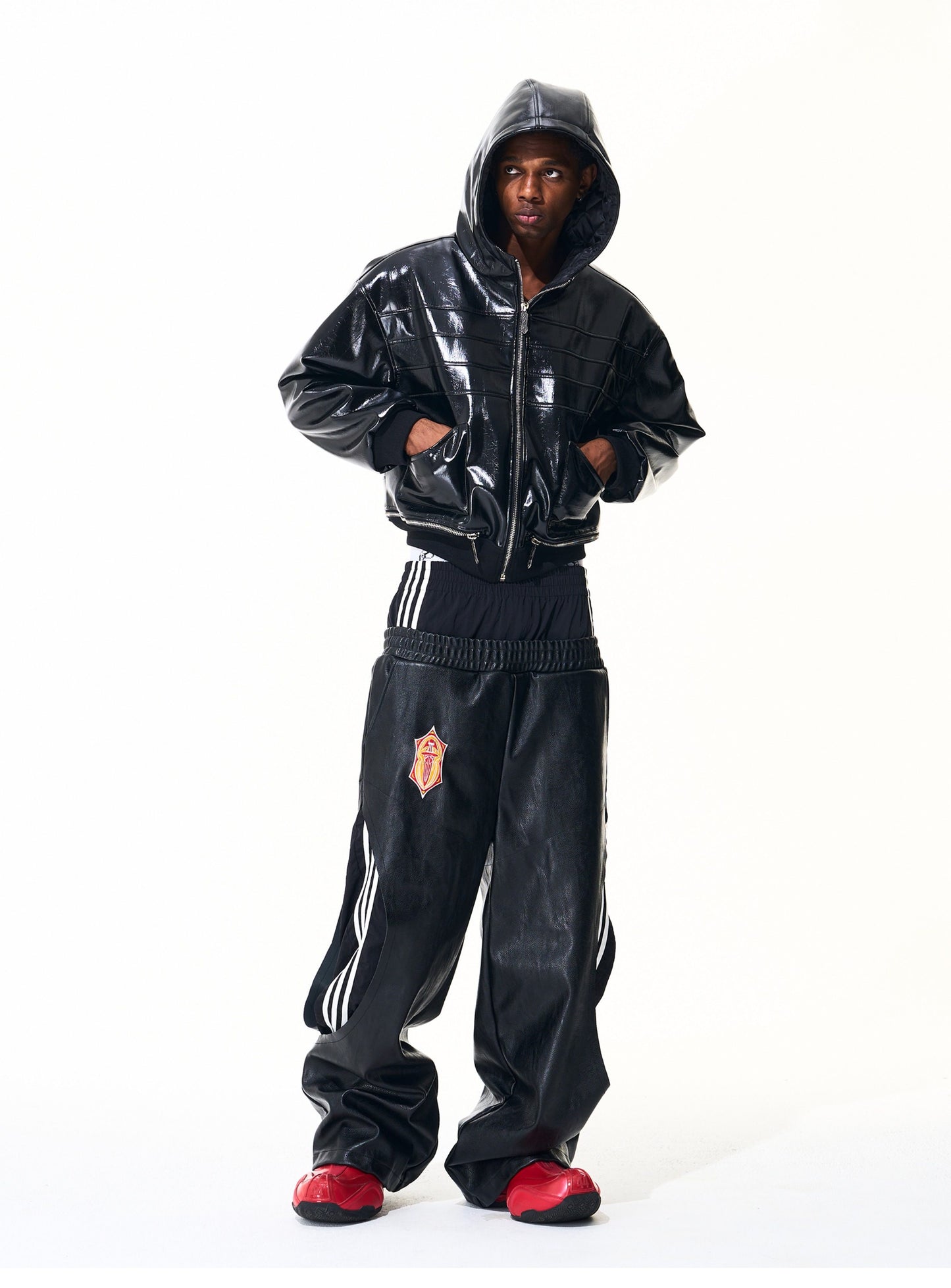 Striped Double-Waist Leather Pants