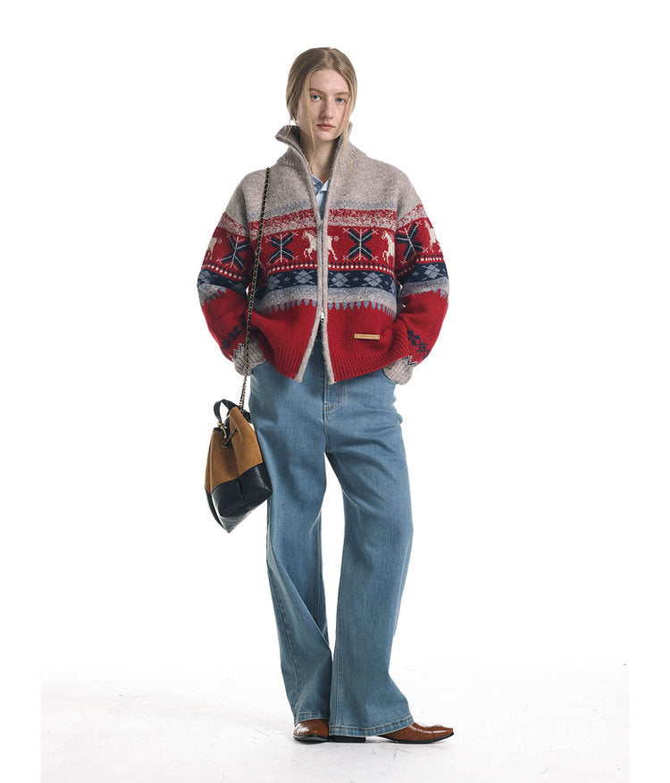 Wool-Blend Pony Jacquard Zip Cardigan