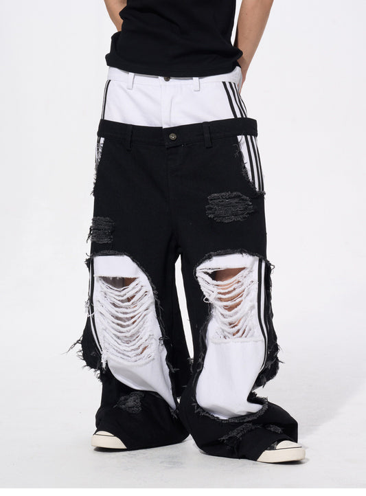Faux Two-Piece Striped Straight-Leg Casual Pants