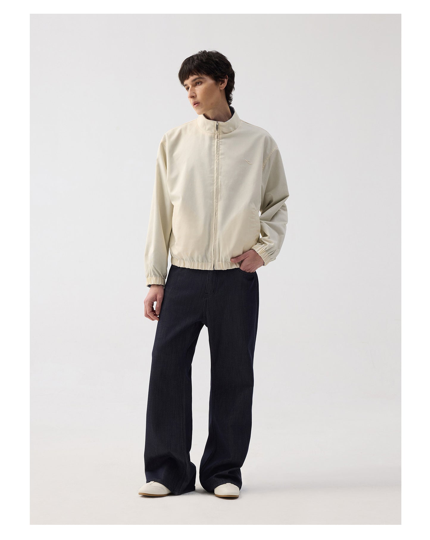 Linen-Blend Color-Block Stand Collar Jacket