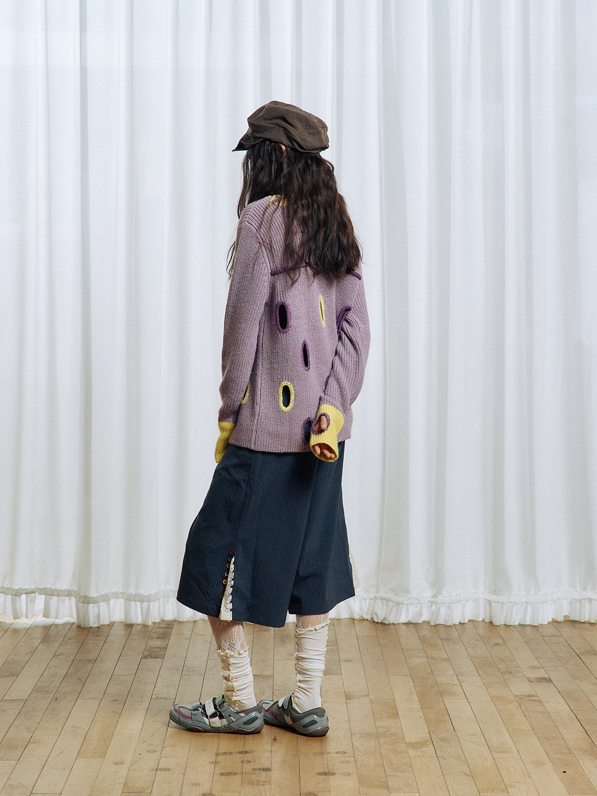 Hollowed-out wool blend cardigan