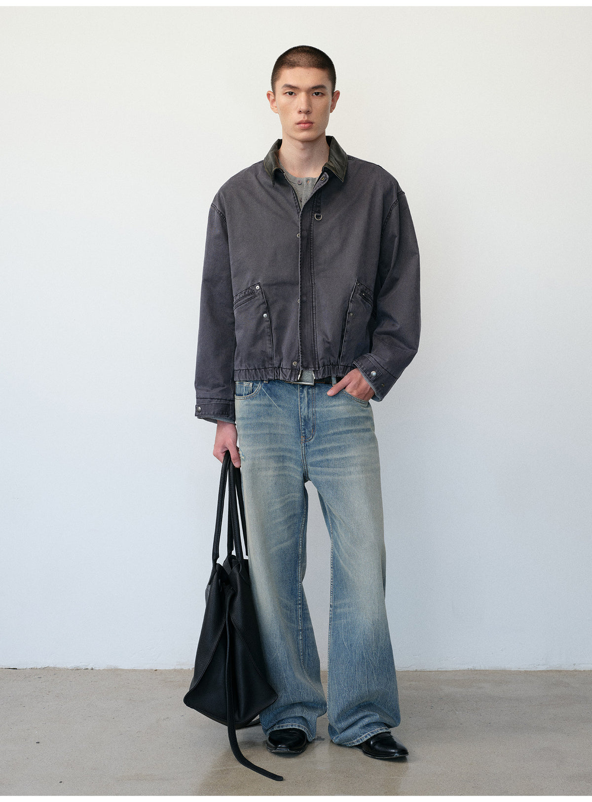 Distressed Leather Color-Block Work Jacket