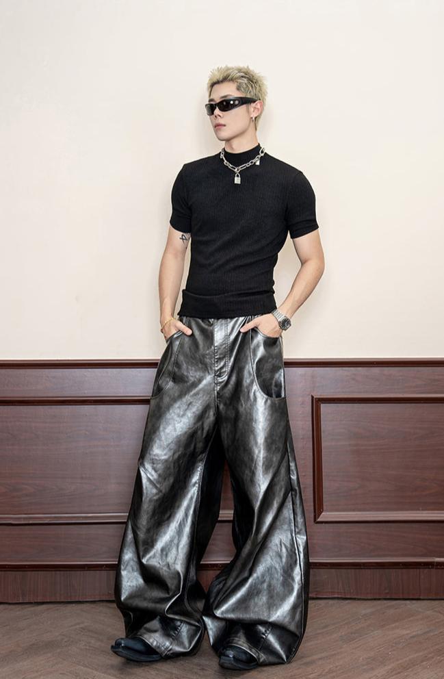 Mat pleats wide PU Leather Pants