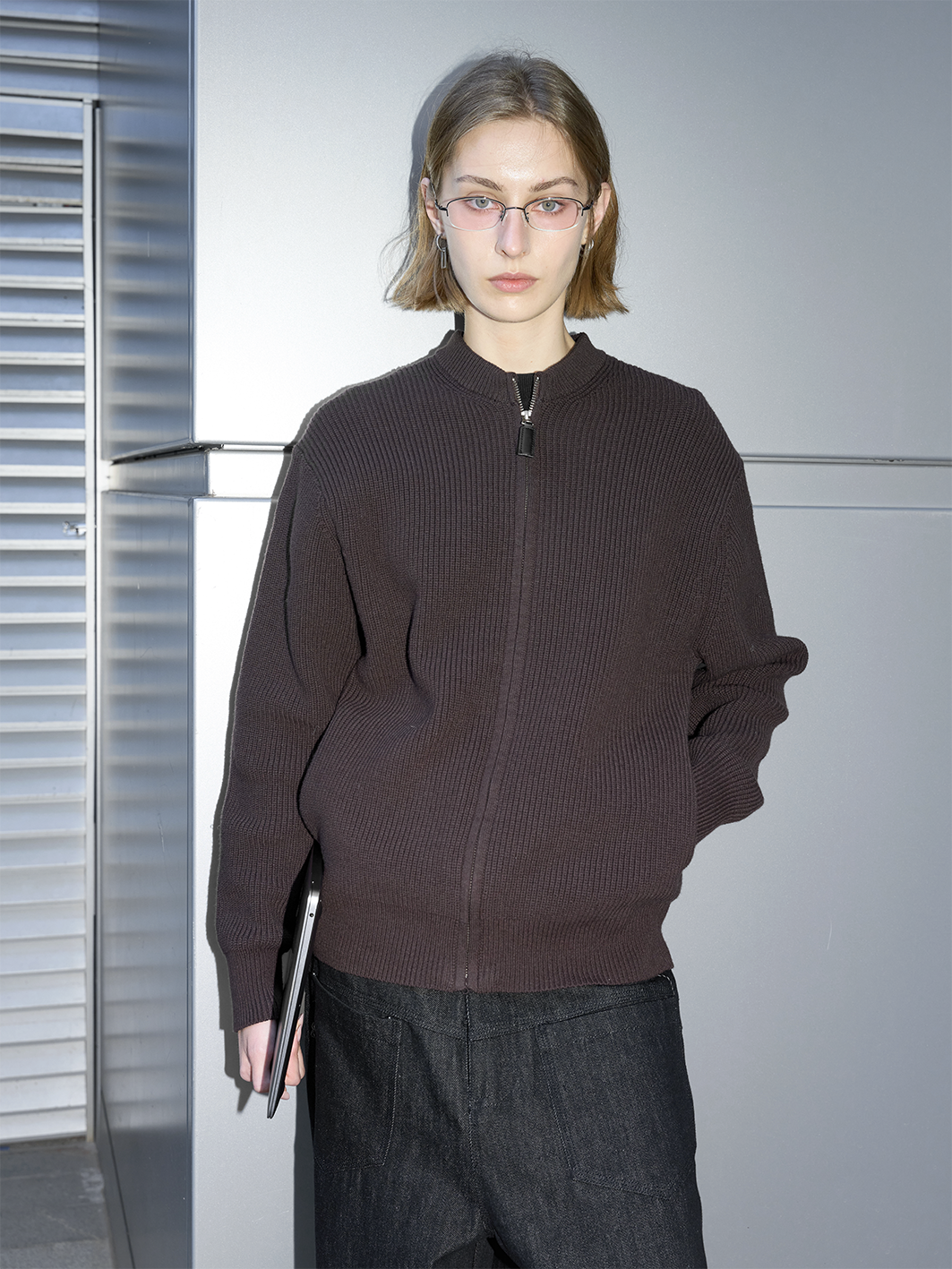 Crew Neck Zip-Up Cardigan