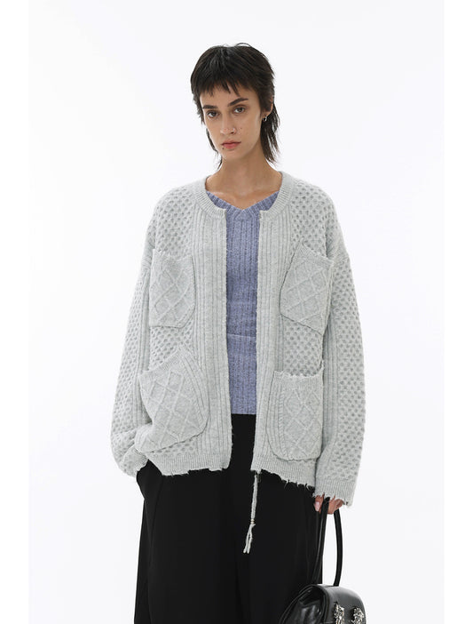 Mohair Knit Double Slider Pocket Twist Cardigan Sweater