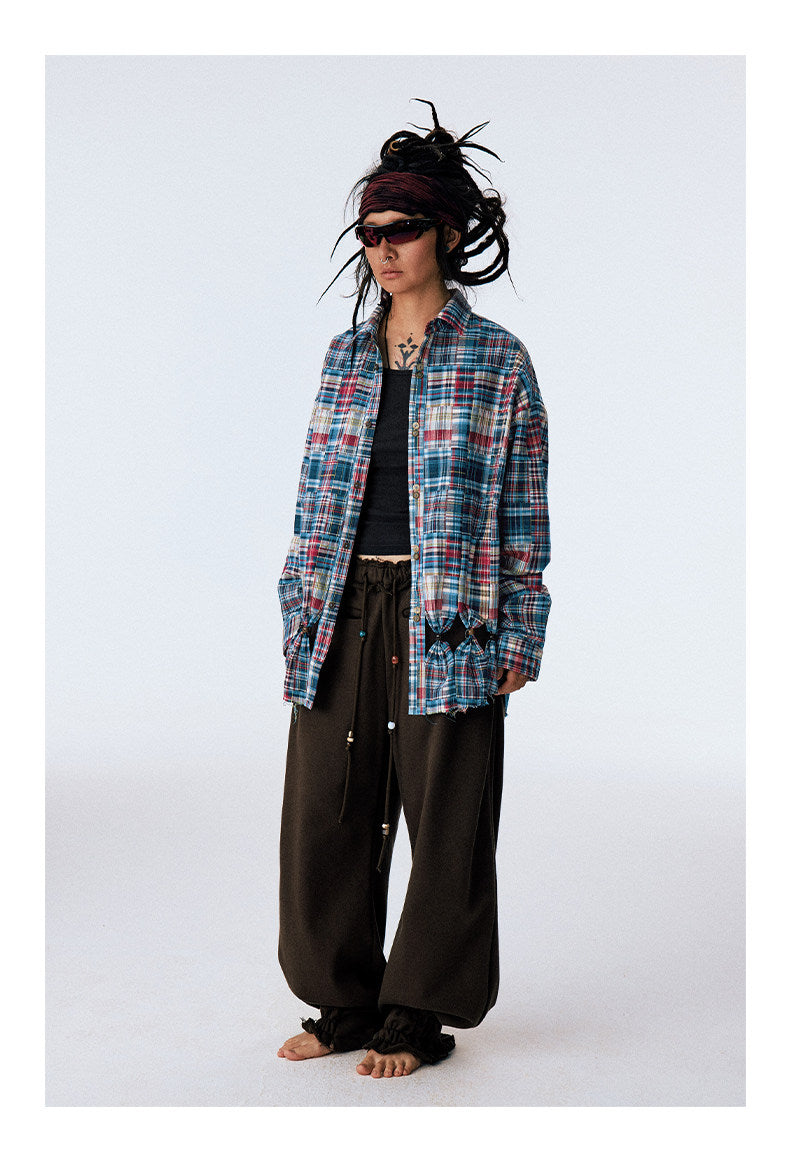 Patchwork Checkered Cut-Out Shirt