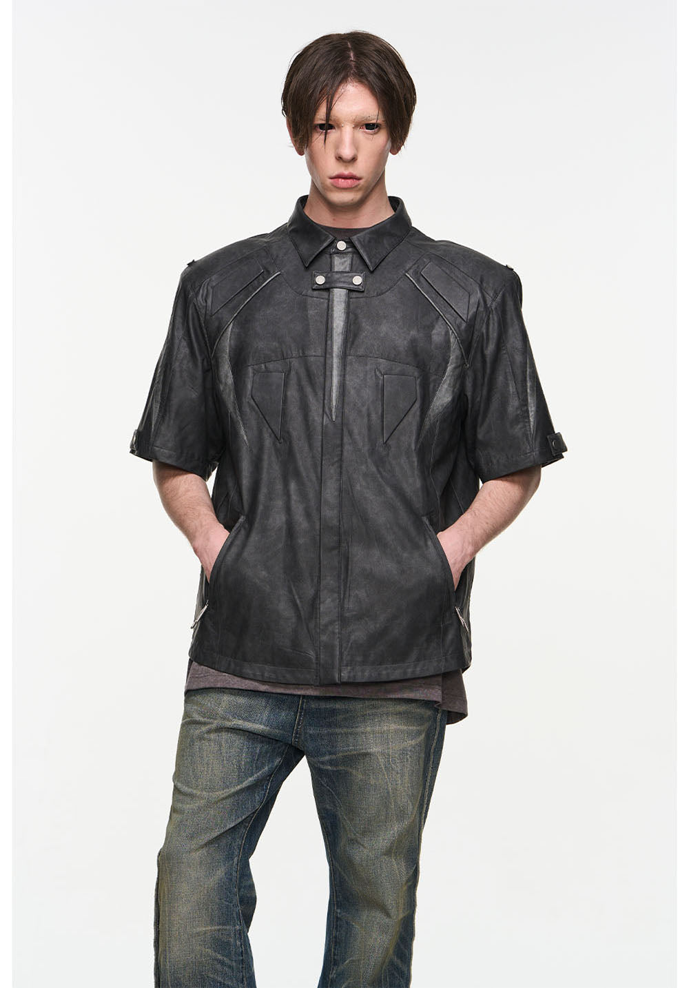 Damaged leather loose short sleeve shirt