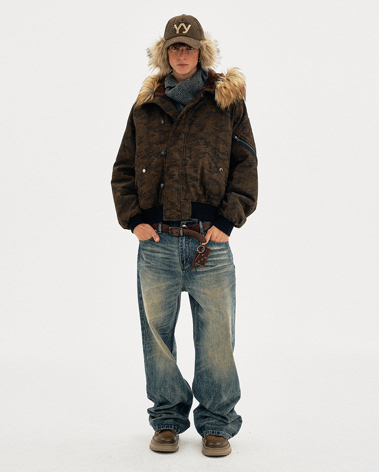 Distressed finish camouflage fur-collar jacket