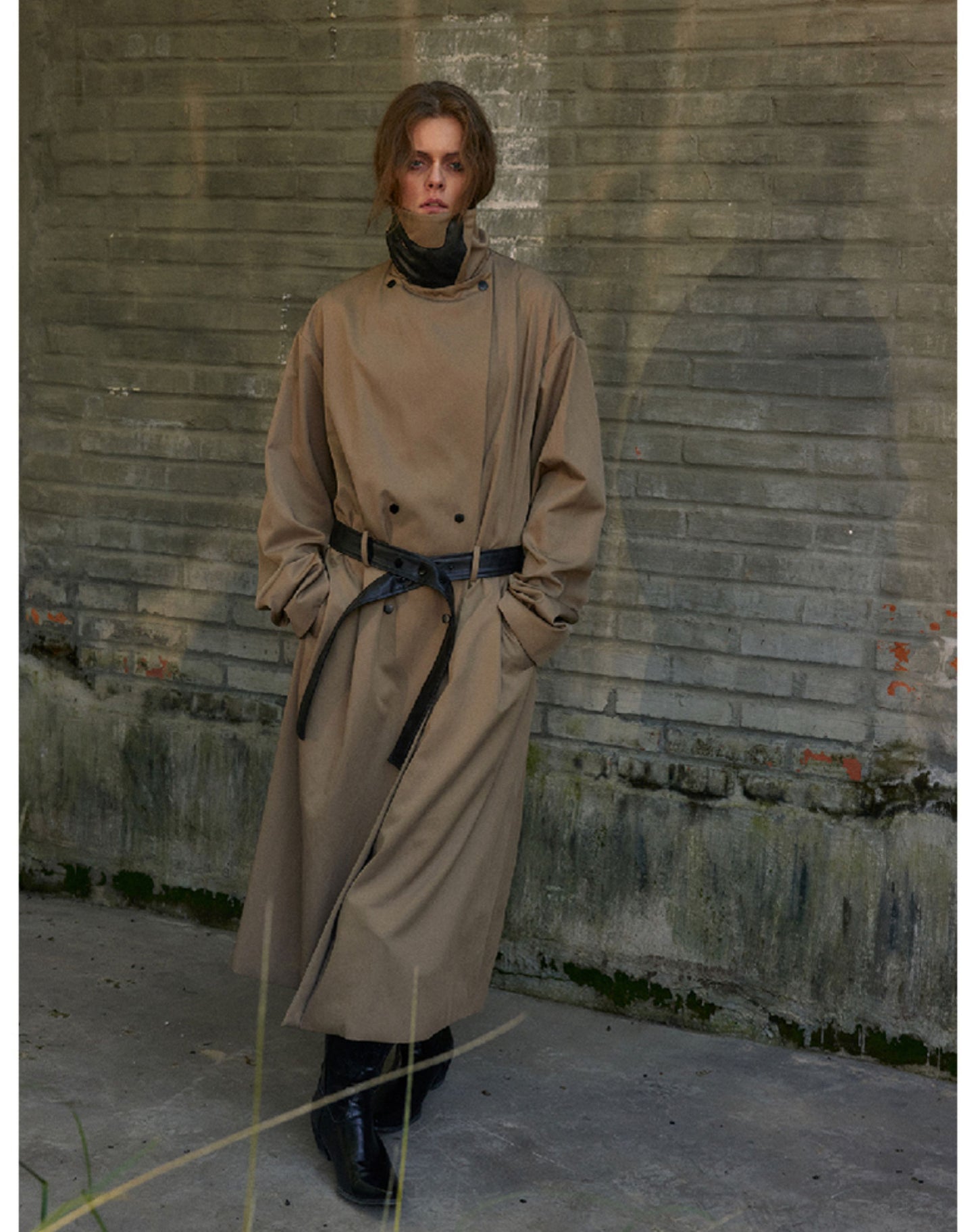 Leather hand stand collar long coat