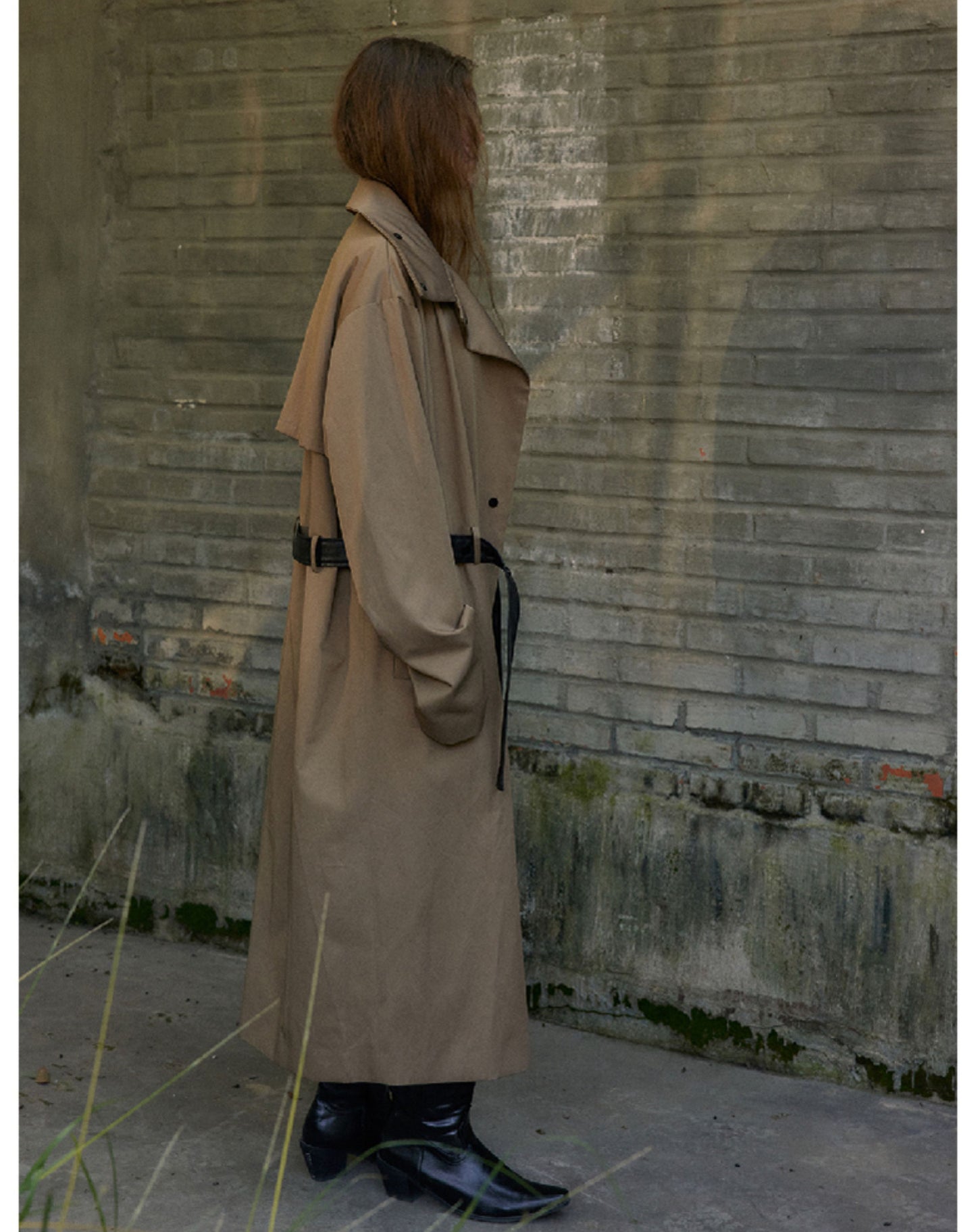 Leather hand stand collar long coat