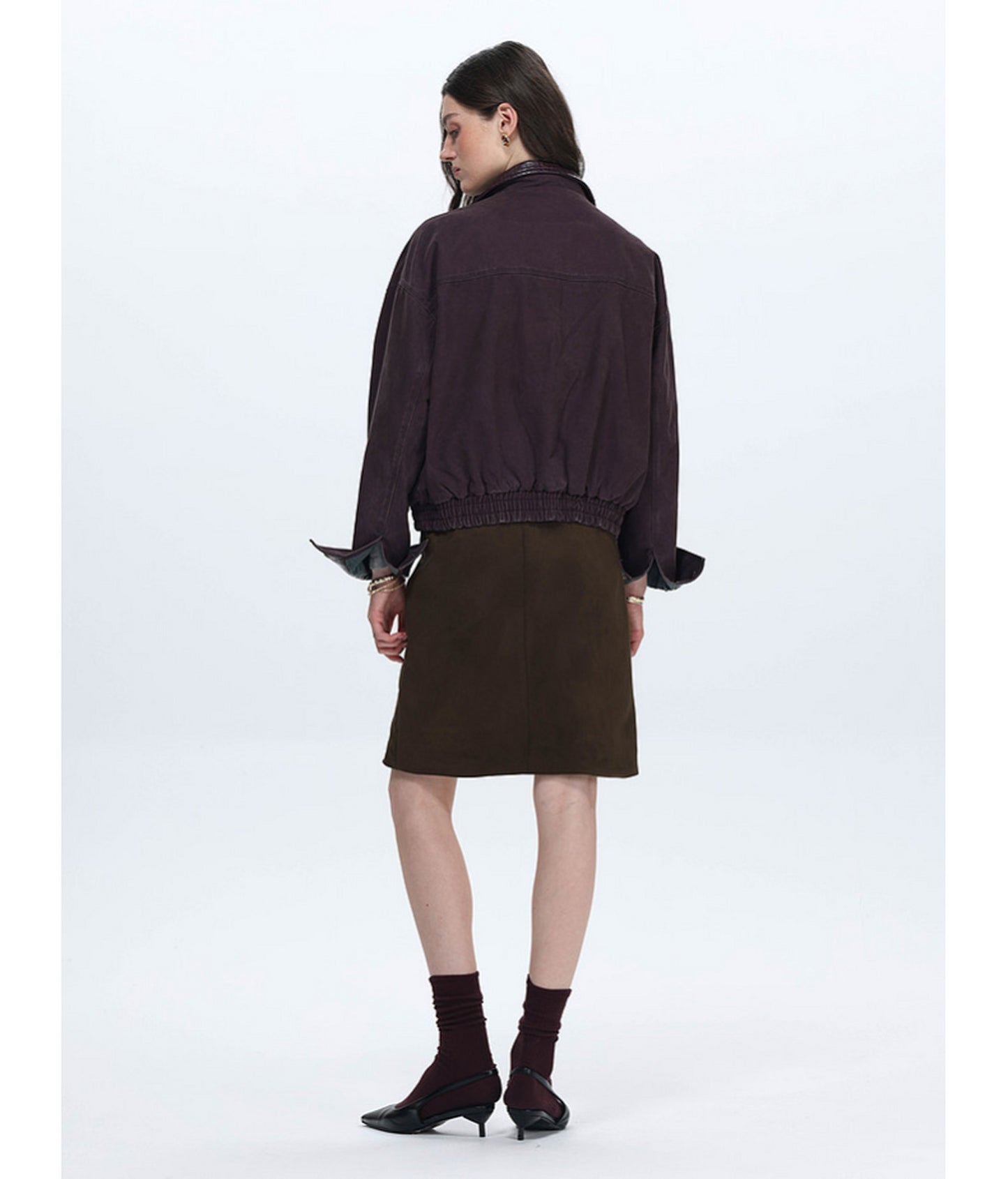 Faux Crocodile Leather Stand-Up Collar Jacket