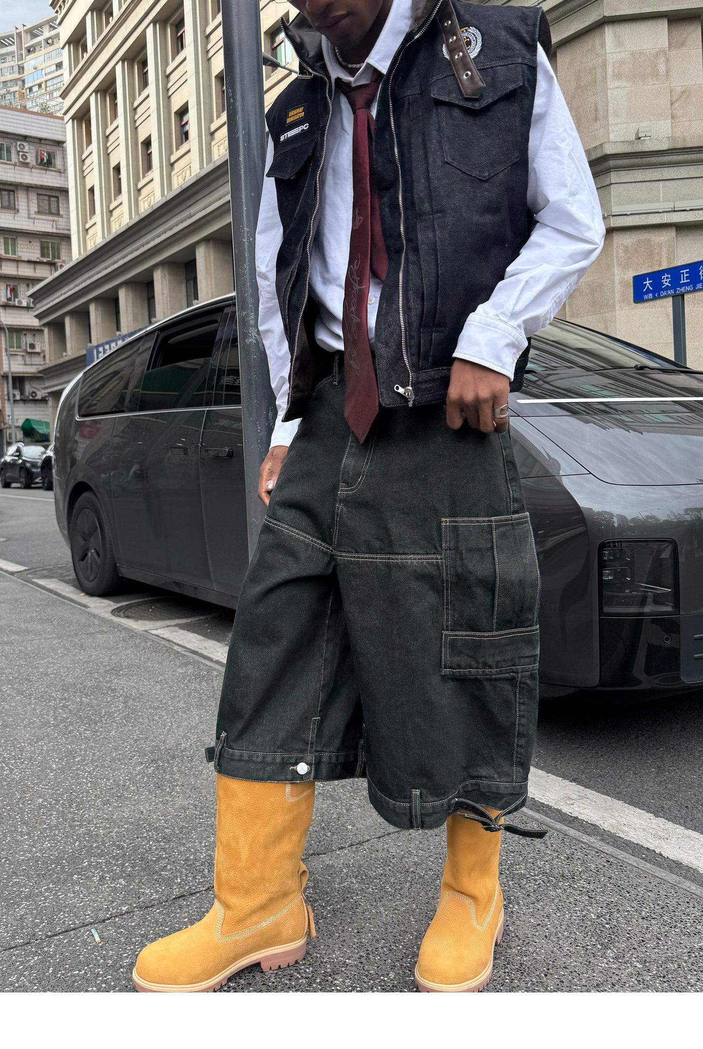 Reversible Multi-Pocket Workwear Denim Shorts
