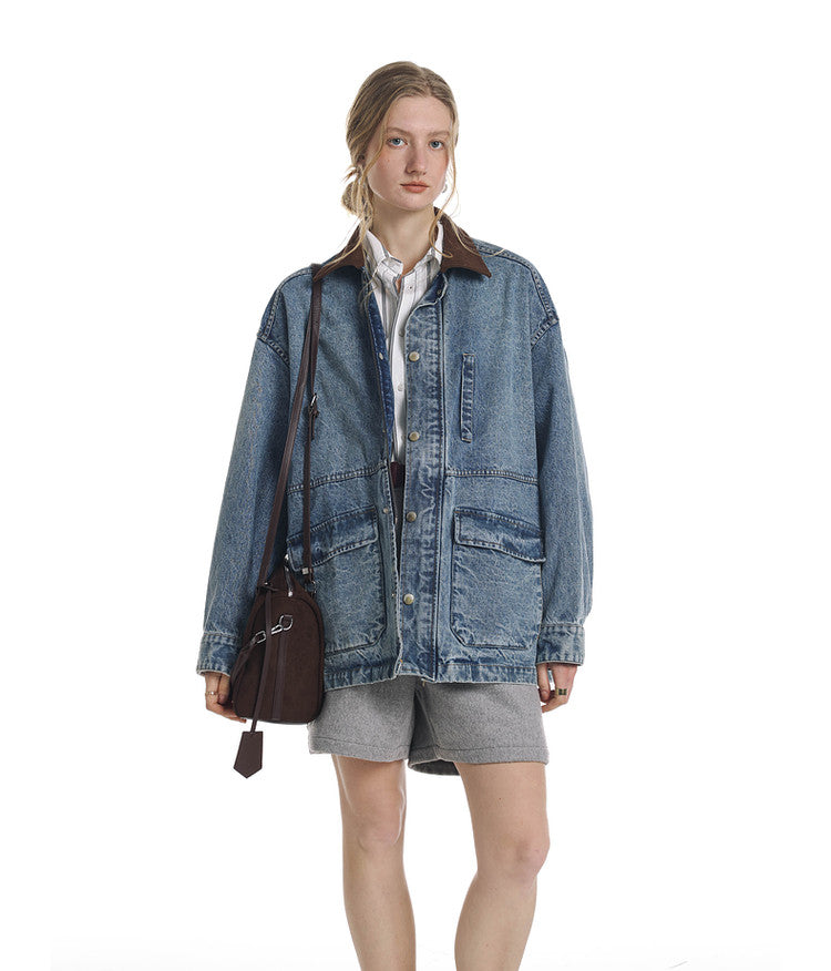 Vintage Denim Jacket with Washed Suede Collar