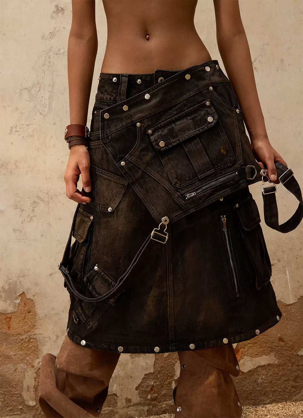 Three-in-one Detachable structured denim suspender skirt