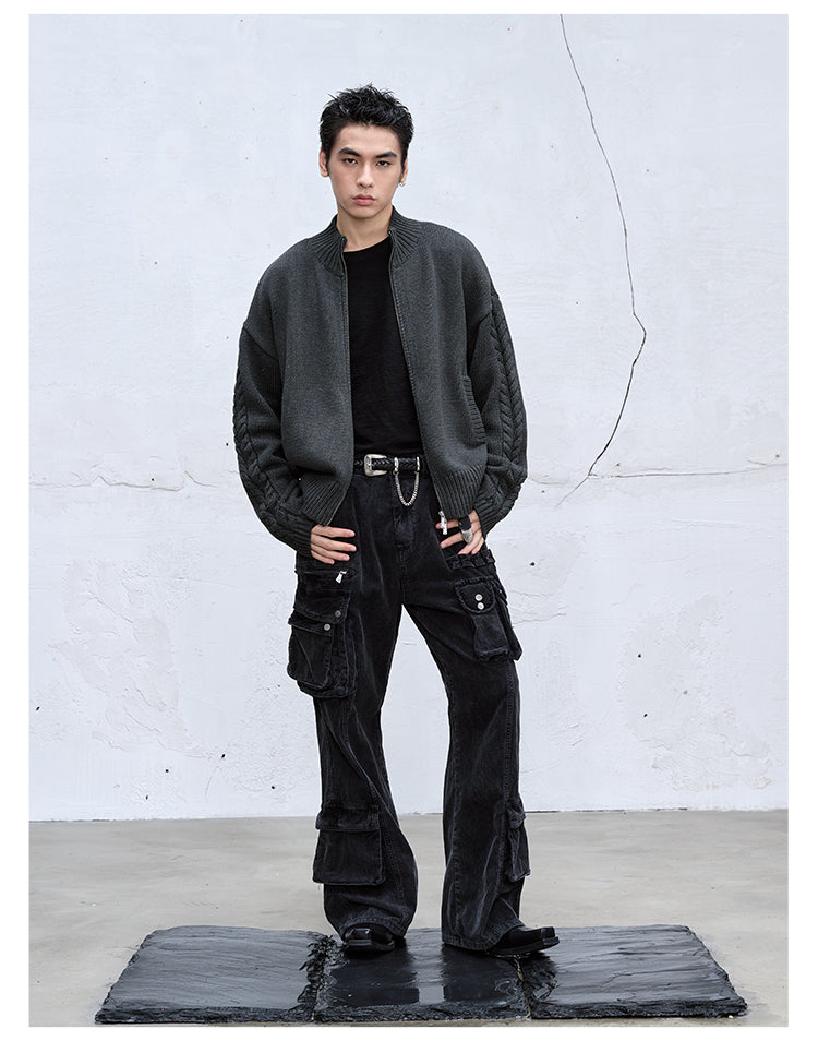 Multi-pocket loose straight wide pants