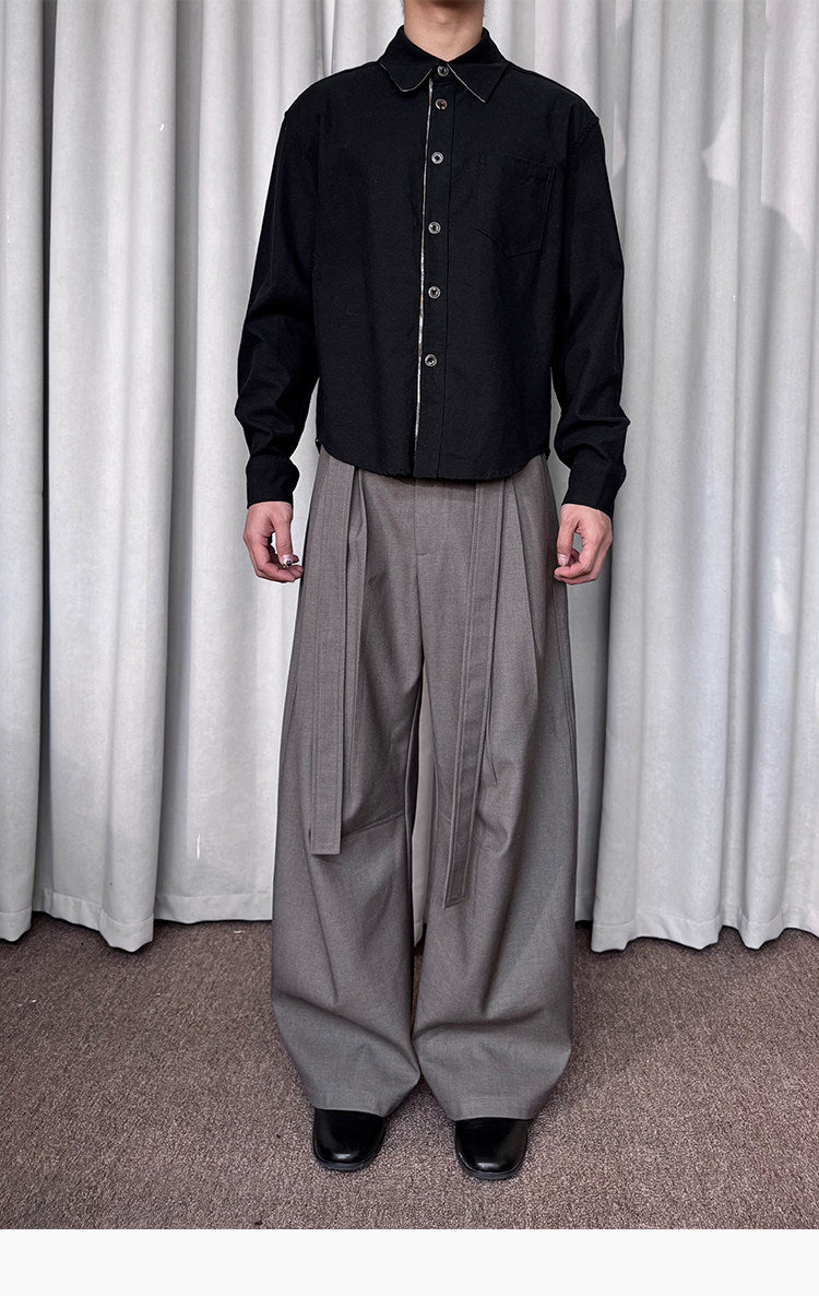 Pleated Adjustable Ribbon Wide-Leg Pants