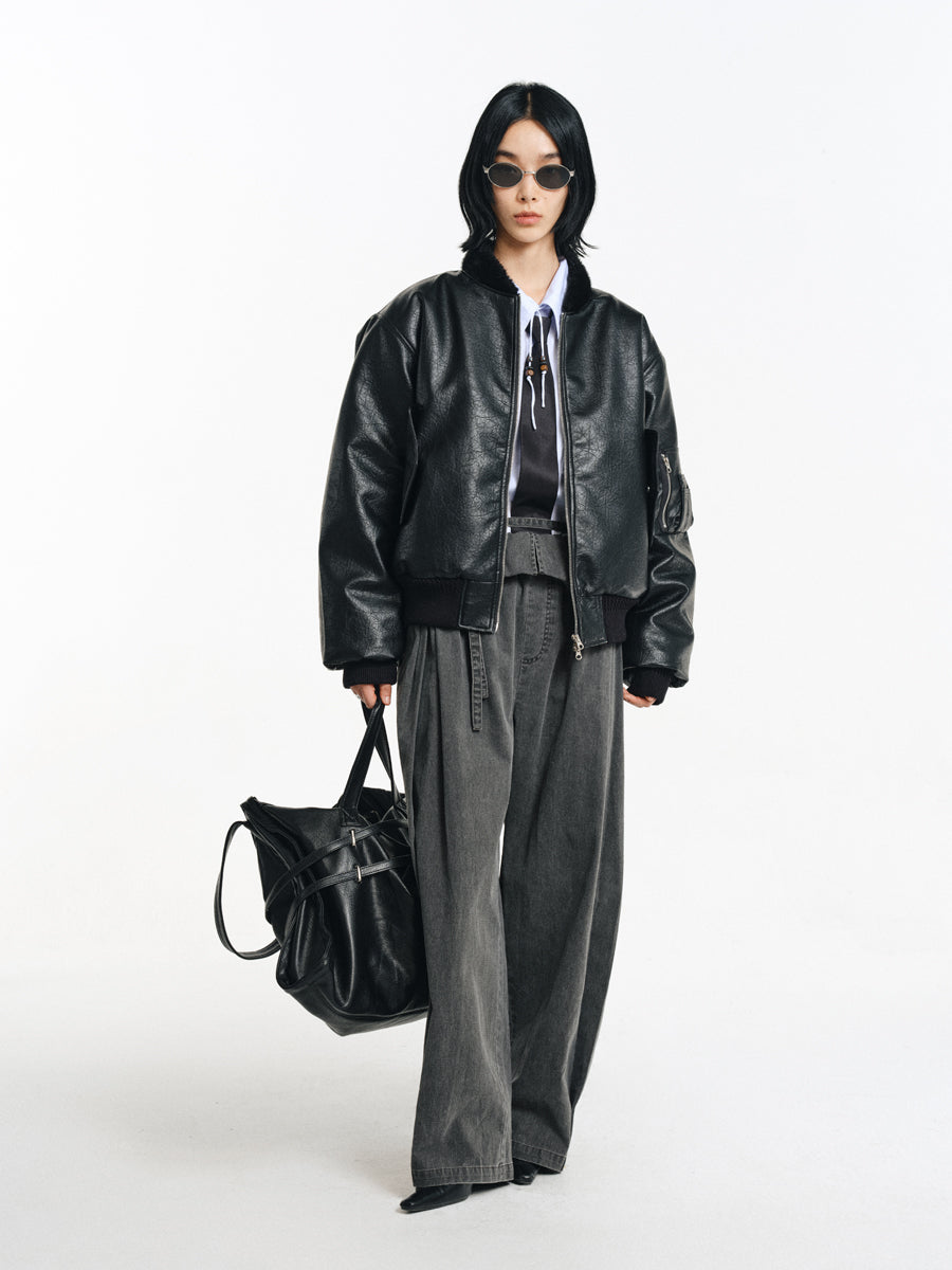 Stand collar faux leather jacket