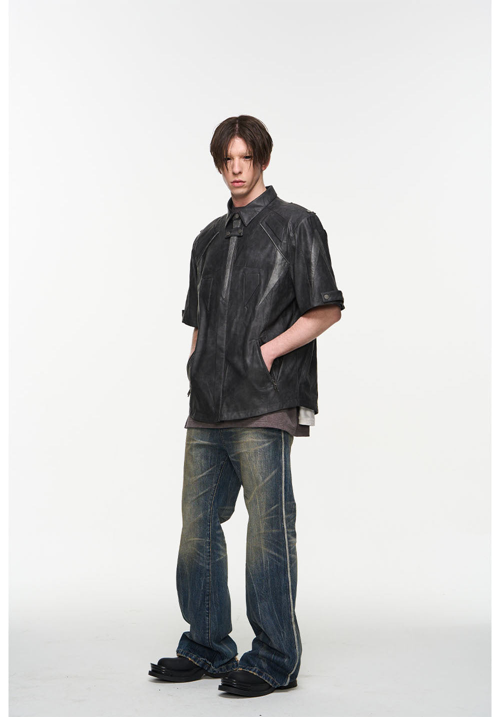 Damaged leather loose short sleeve shirt