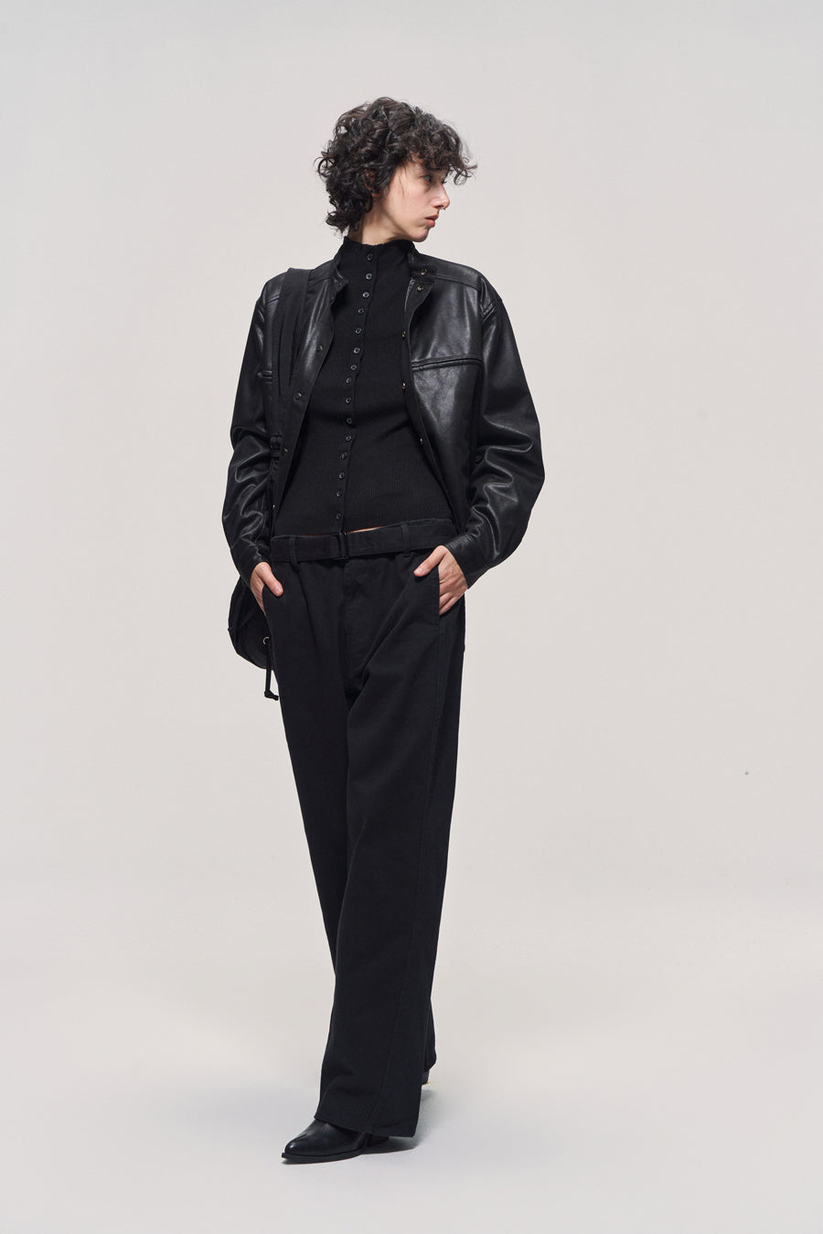 Stand collar leather jacket