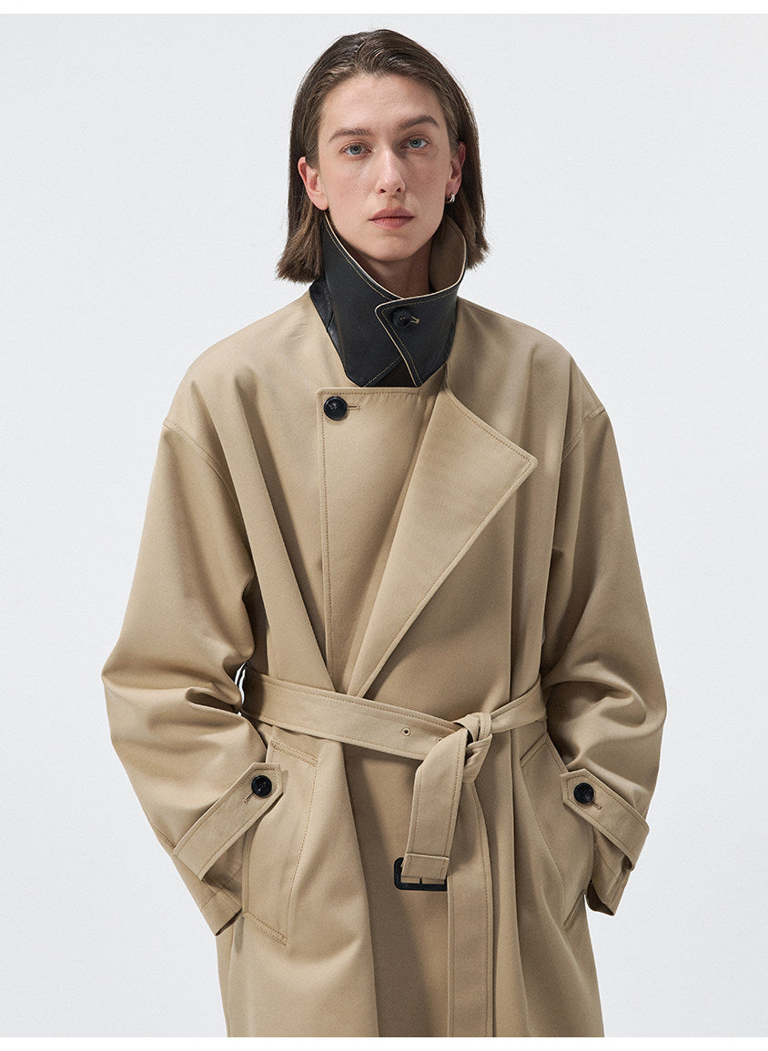 Cotton & Leather Trim Trench Coat