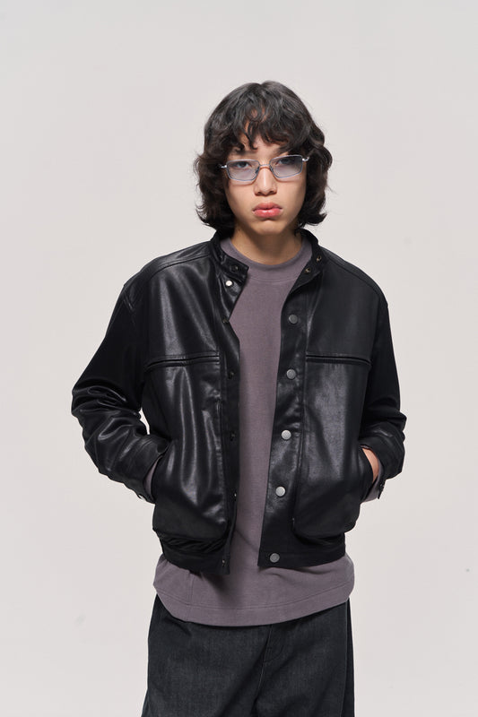 Stand collar leather jacket