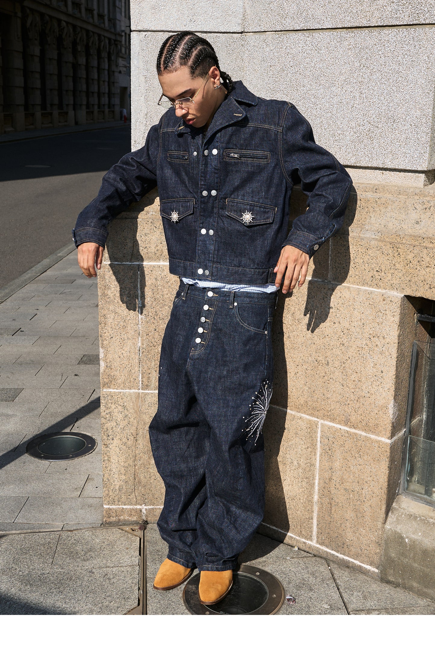 Double-breasted denim jacket