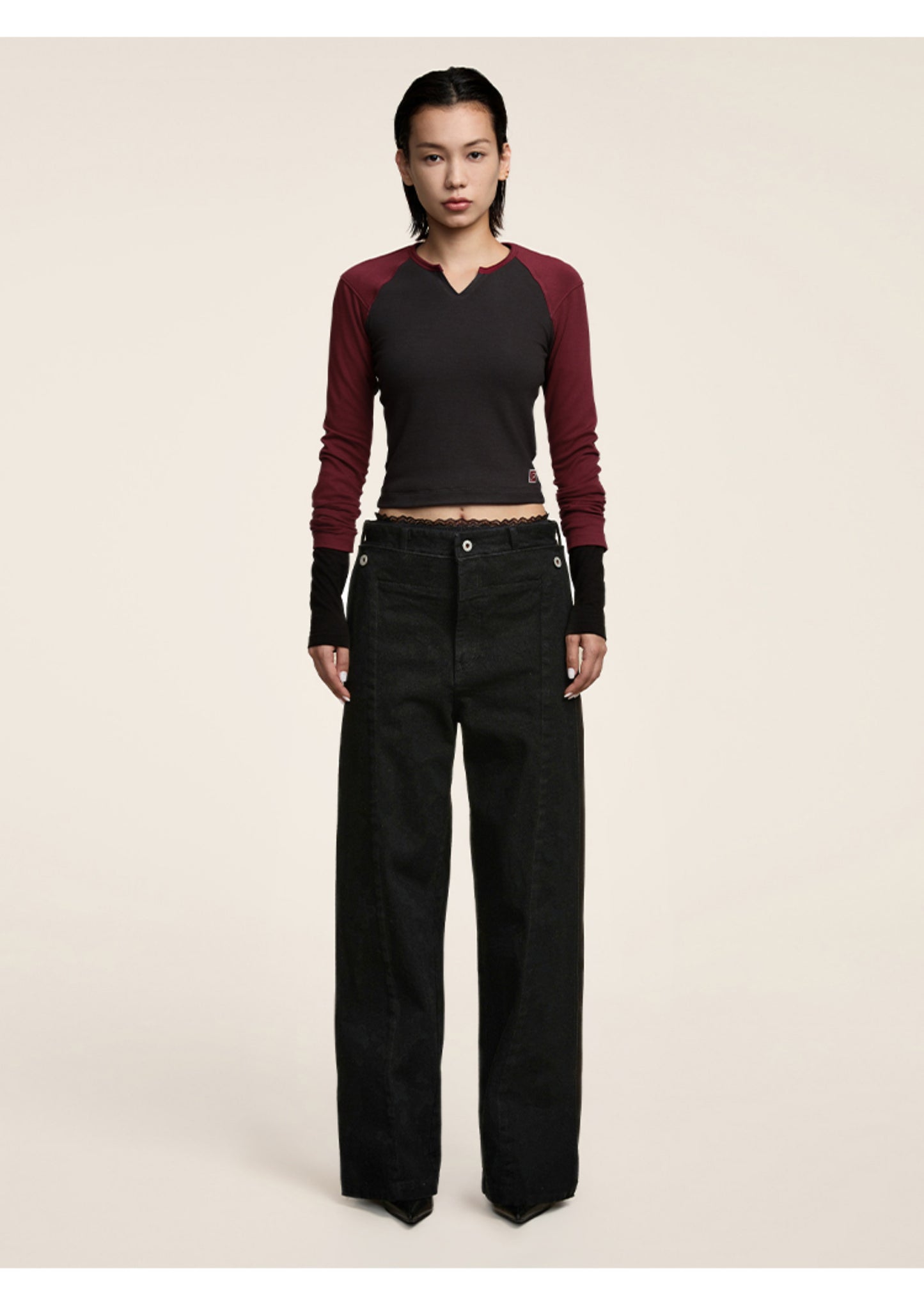 Faux two-piece straight casual jeans