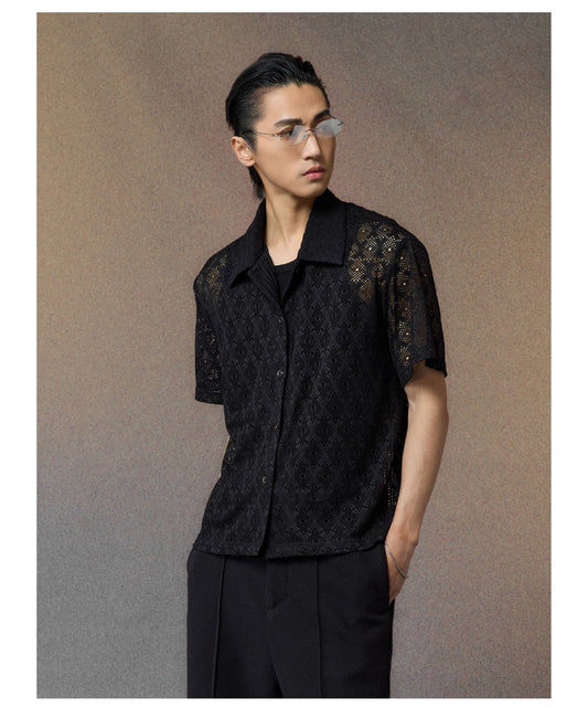 Diamond-Textured Hollow-Knit Shirt