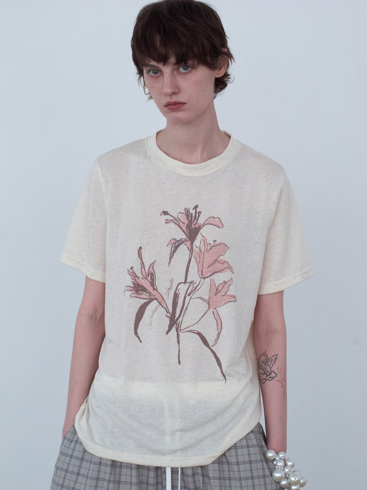 Hand-Painted Floral Print, Slightly Sheer T-Shirt