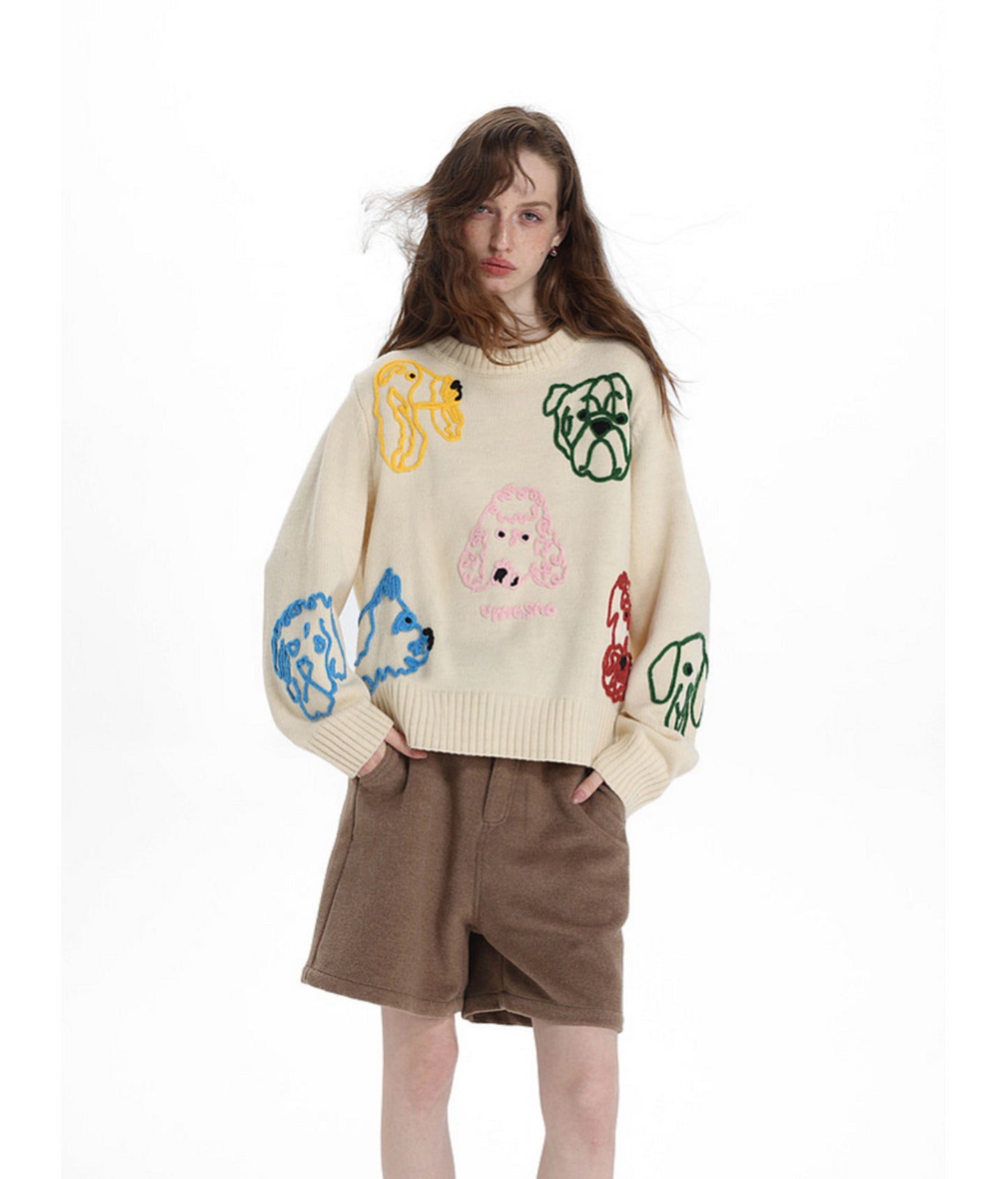 Hand-Knitted Floral-Print Round-Neck Sweater