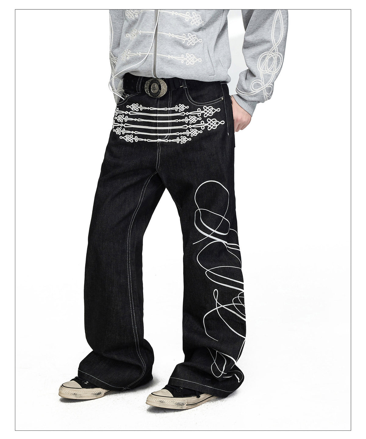 Raw Denim Pants with Rope Embroidery