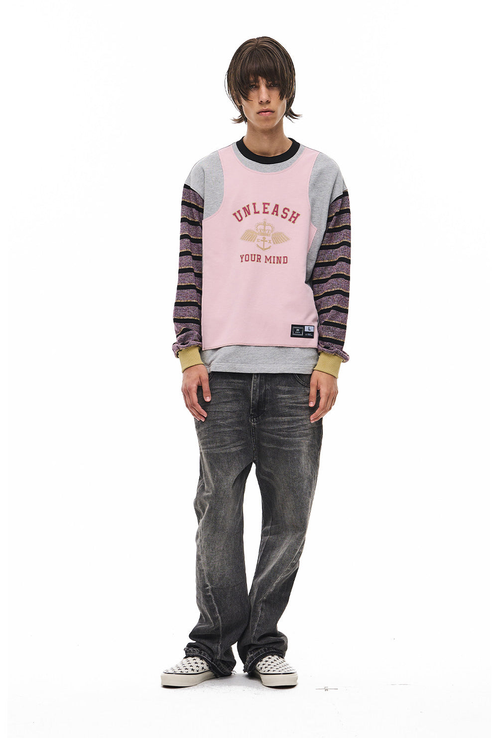Striped Contrast-Color Round-Neck Sweatshirt