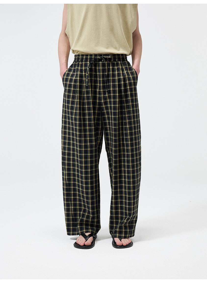 Yarn-Dyed Chiffon Check-Patterned Casual Pants