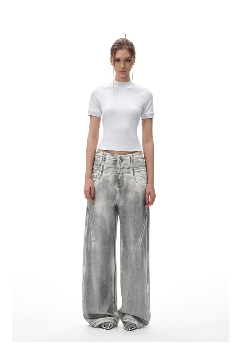Stain-dyed washed wide-leg jeans
