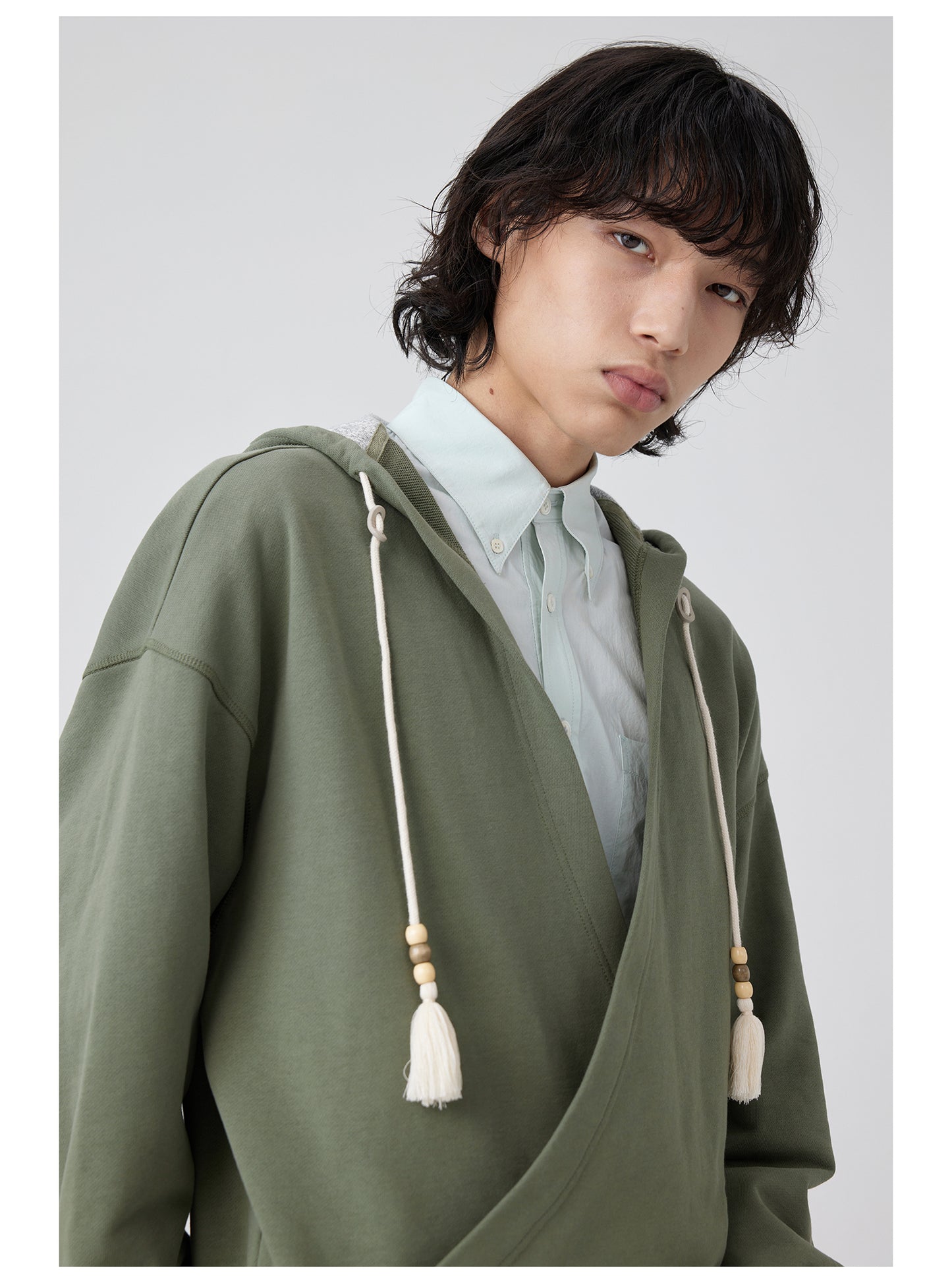 Overlap slant placket hooded sweatshirt