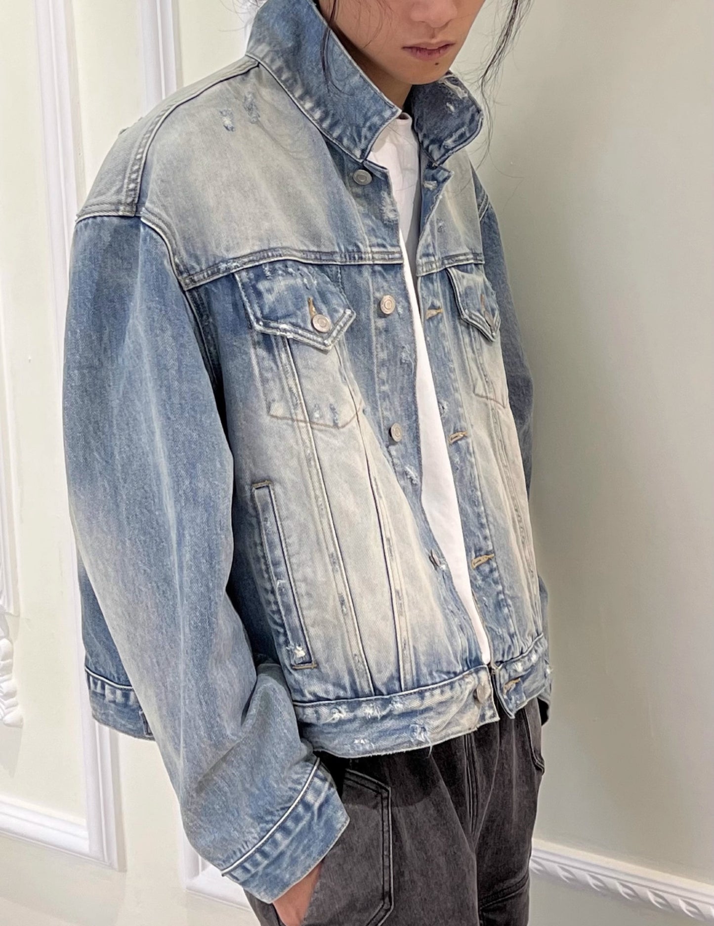 Washed Destroyed Short Denim Jacket