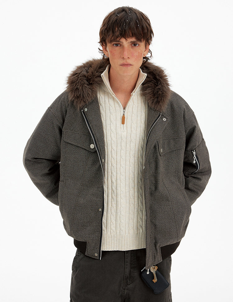 Houndstooth Fur Collar Cotton Jacket