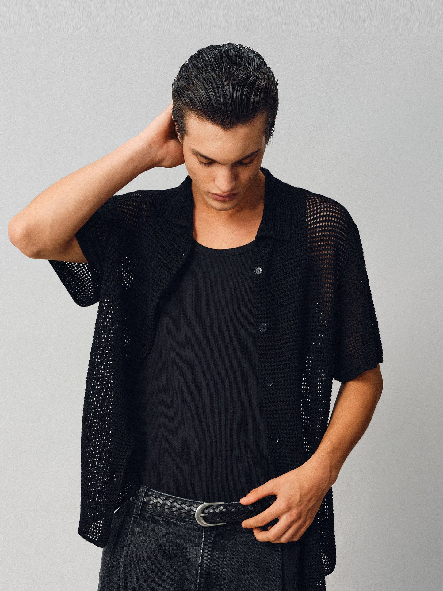 Hollow-knit Button-Down Shirt