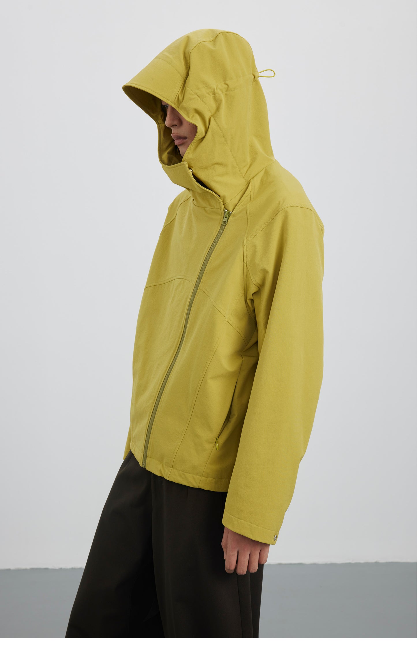 Diagonal Placket High Collar Hooded Jacket