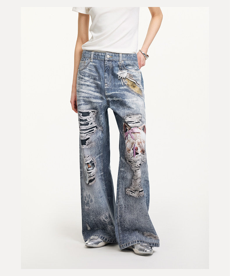 Printed Patchwork Straight-Leg Denim Pants