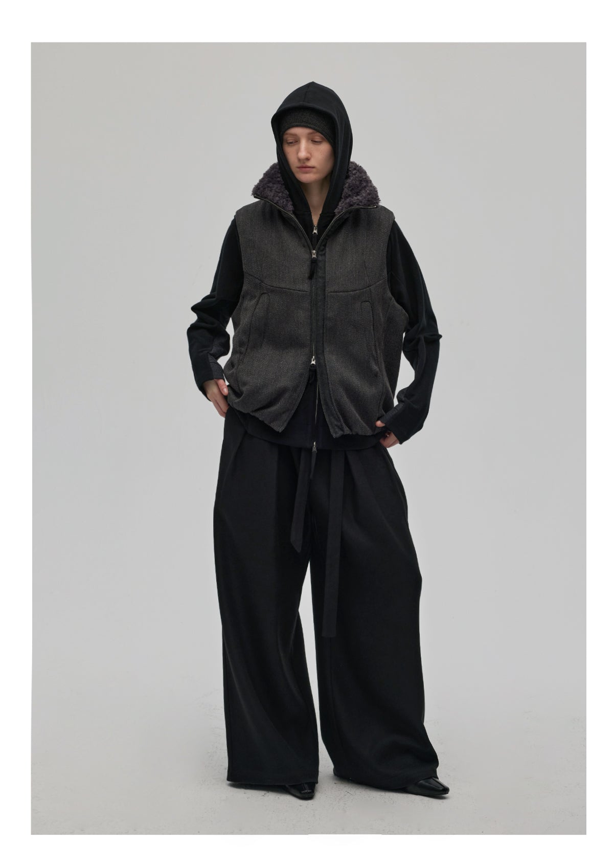 Wool Stitch Fur Collar Vest