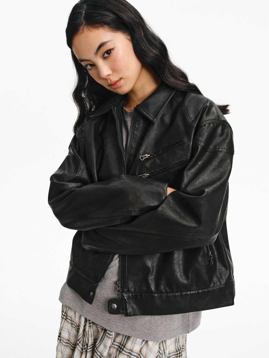 Washed Leather Oversized Jacket